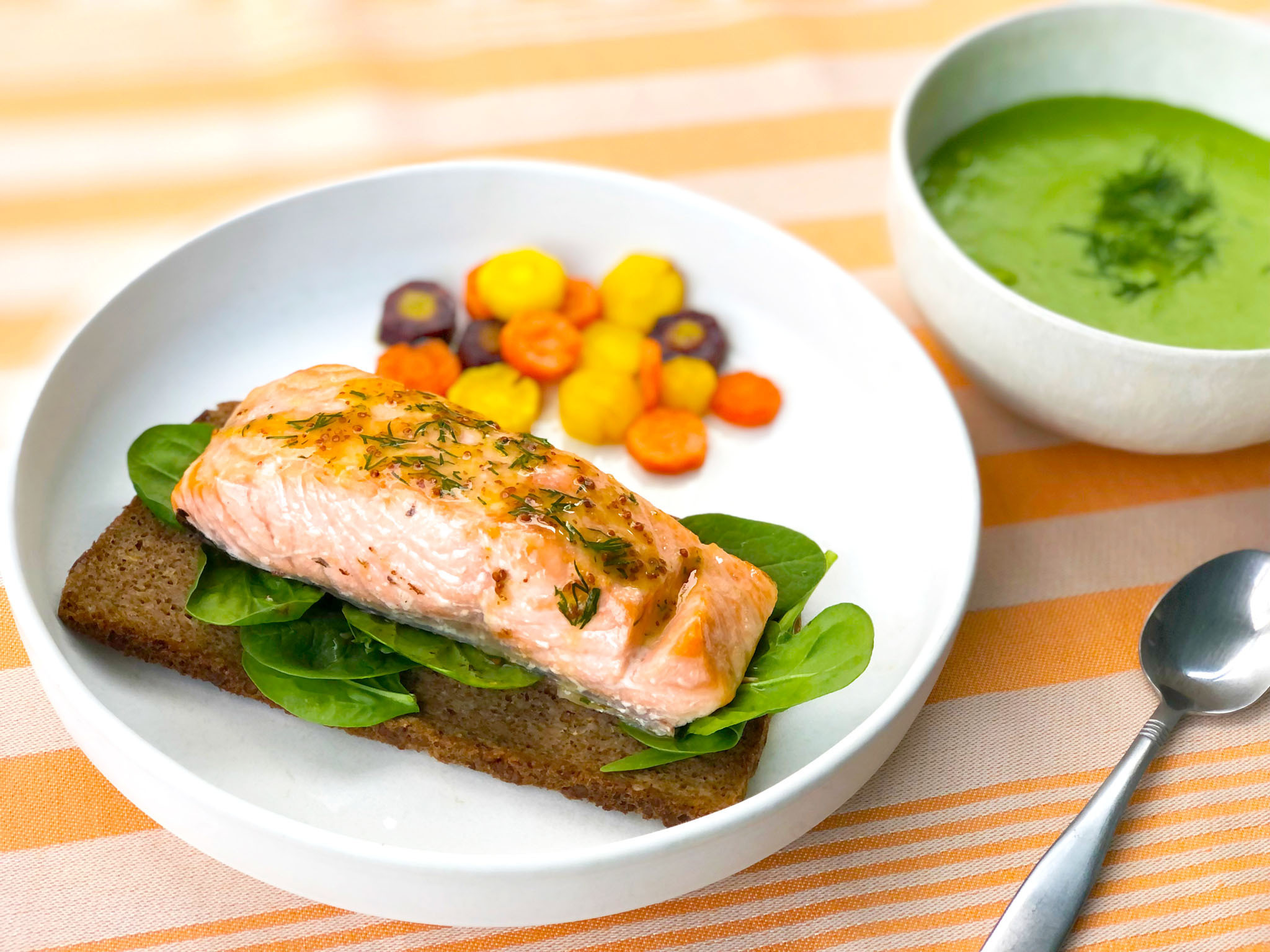 Nordic Roasted Salmon with Mustard-Dill Sauce and Roasted Carrots, served with Pea Soup Image