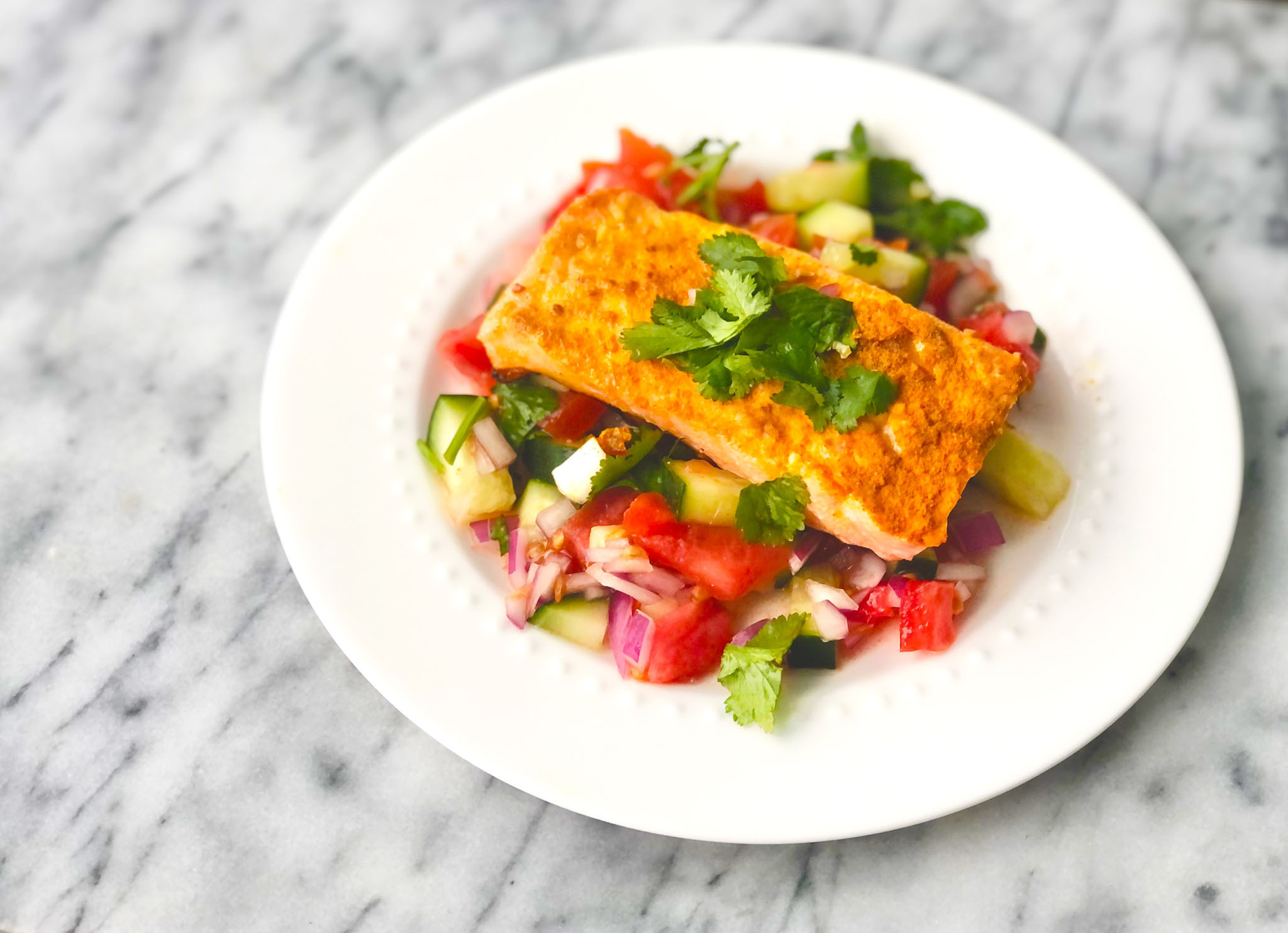 Garlic Spiced Salmon with Kachumber   Image